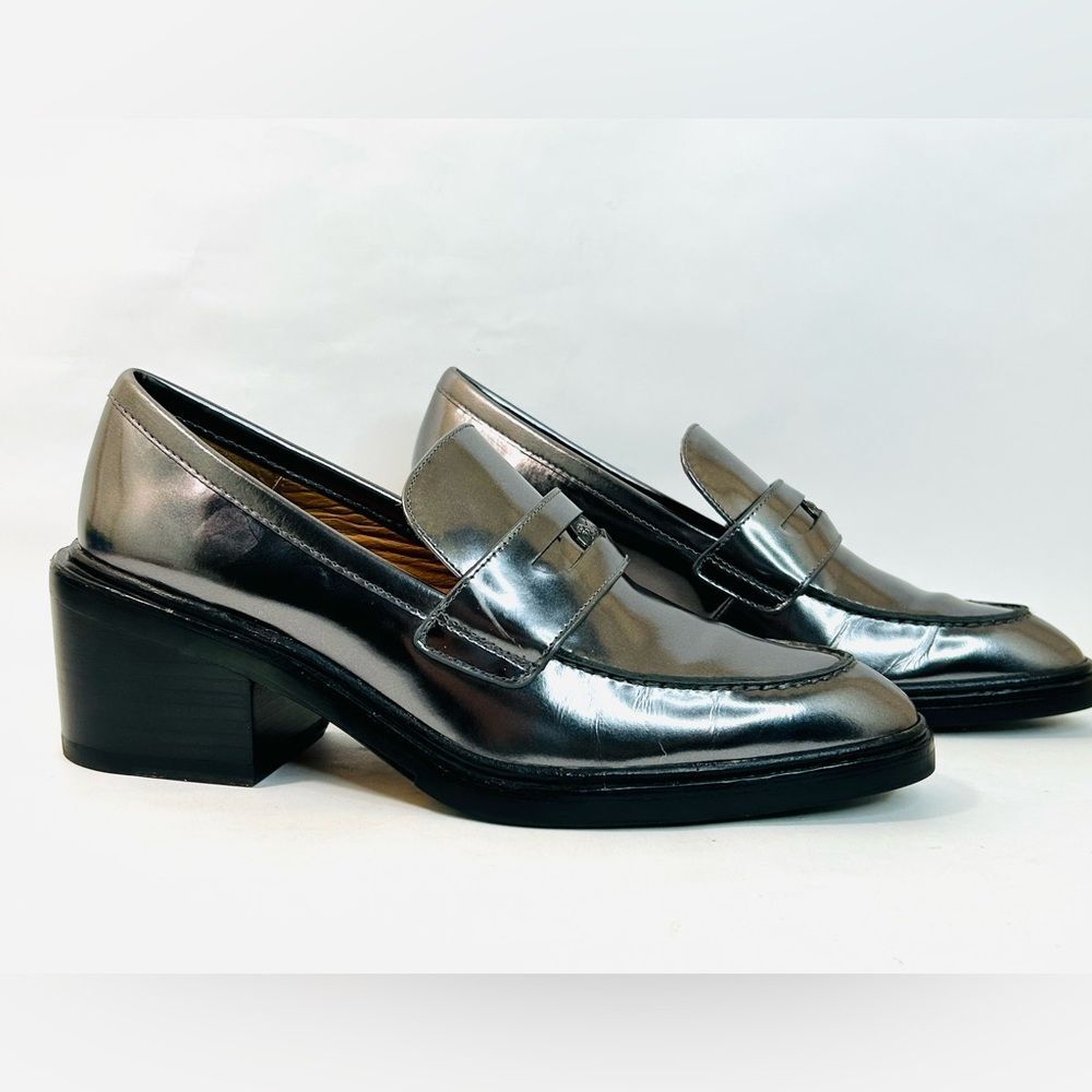 Coach Heath Block Heel Penny Loafer Mirror Metallic Leather size 9 EUC